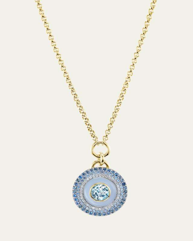 18K Air Medallion Necklace with Blue Lace Agate, Aquamarine and Sapphires